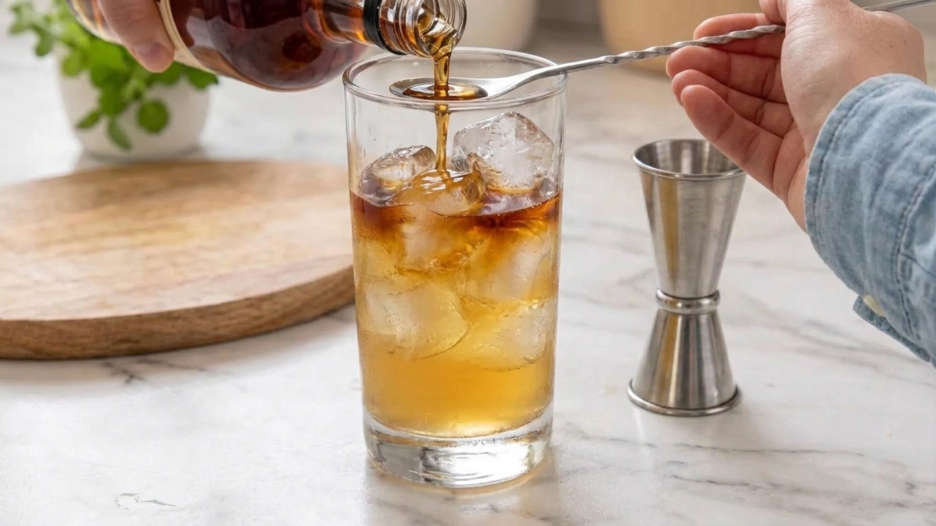 Dark rum being poured over the back of a spoon into a tall iced ginger beer cocktail to create a rum float