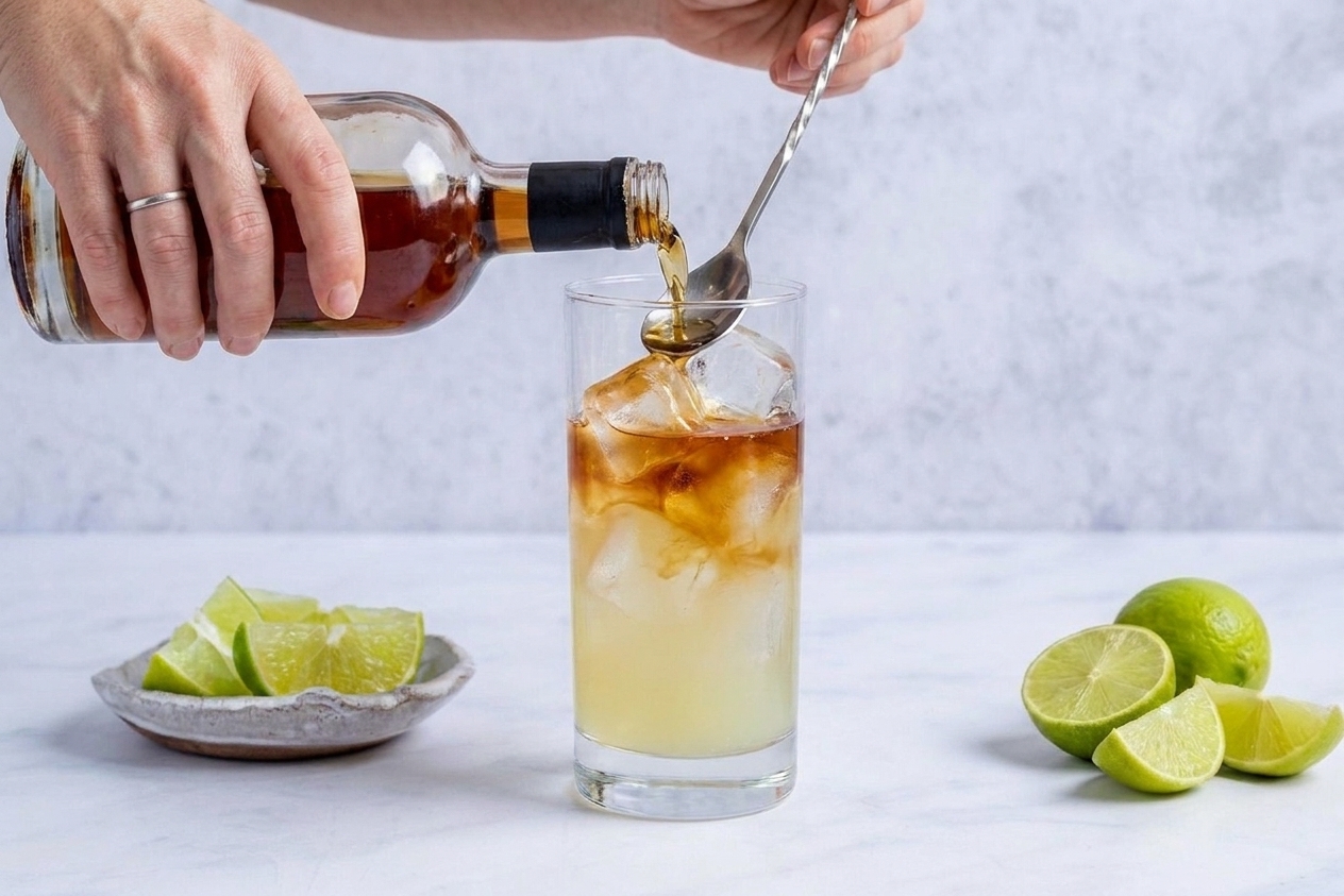 Dark rum being slowly poured over a spoon into a ginger beer cocktail to create a dark layer on top