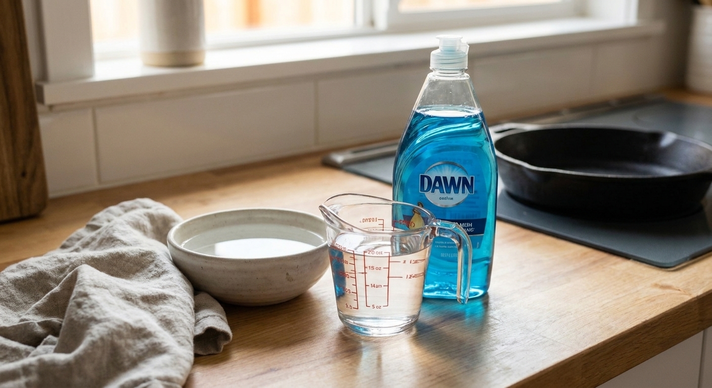Dawn dish soap, a measuring cup of rubbing alcohol, and a bowl of water arranged on a clean kitchen counter