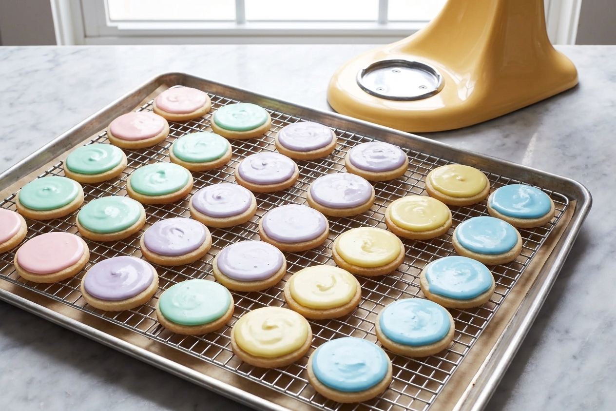 Decorated cookies with royal icing drying on a wire rack set over a baking sheet in a home kitchen