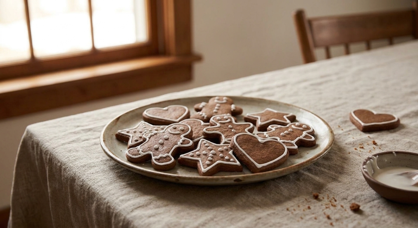 Decorated gingerbread cookies with simple white icing on a ceramic plate set on a dining table with a neutral tablecloth