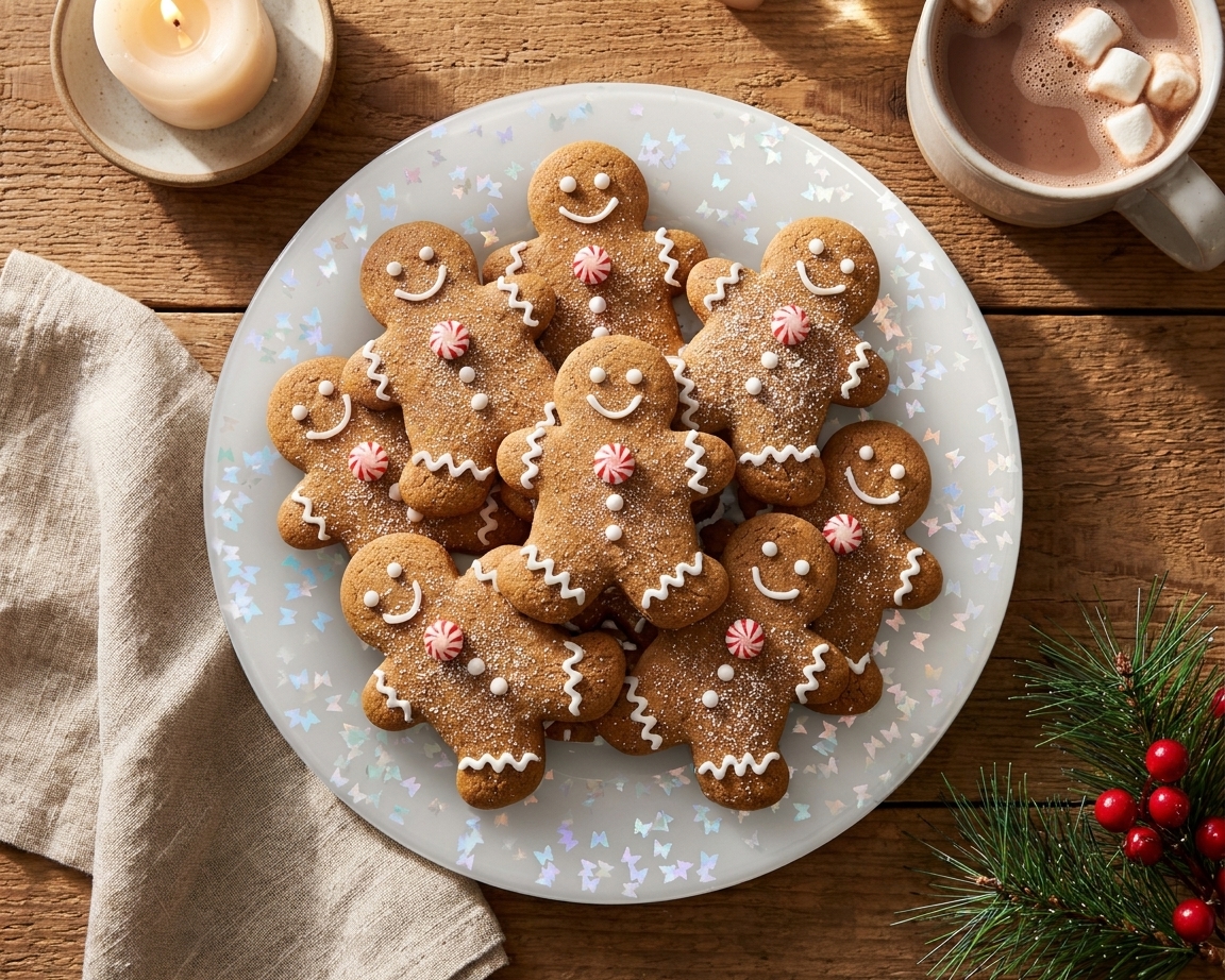 Decorated gingerbread men cookies arranged on a plate on a cozy holiday table setting