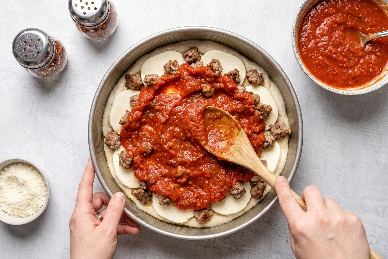 Deep dish pizza in a pan being layered with mozzarella, sausage, and chunky tomato sauce on top