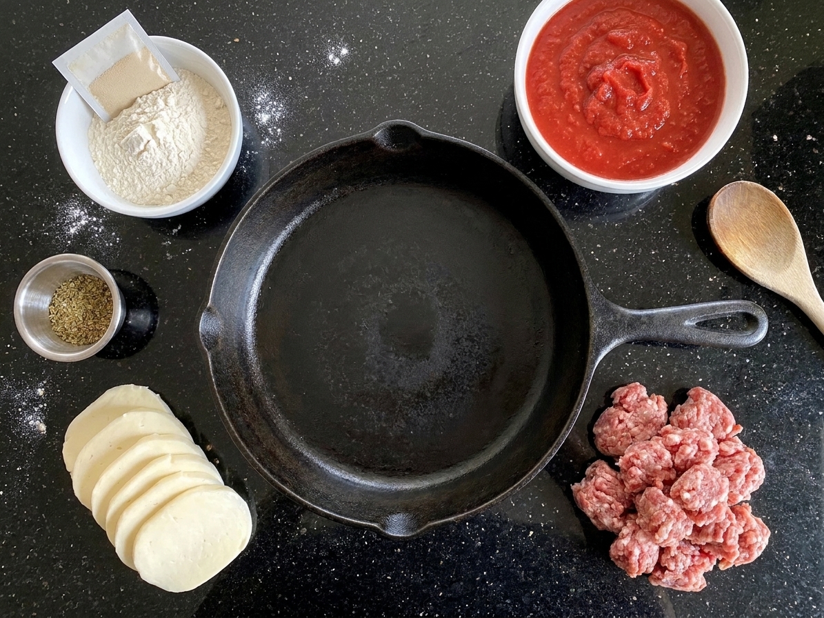 Deep-dish pizza ingredients arranged on a kitchen counter including flour, yeast, mozzarella, canned tomatoes, Italian sausage, and a cast iron skillet