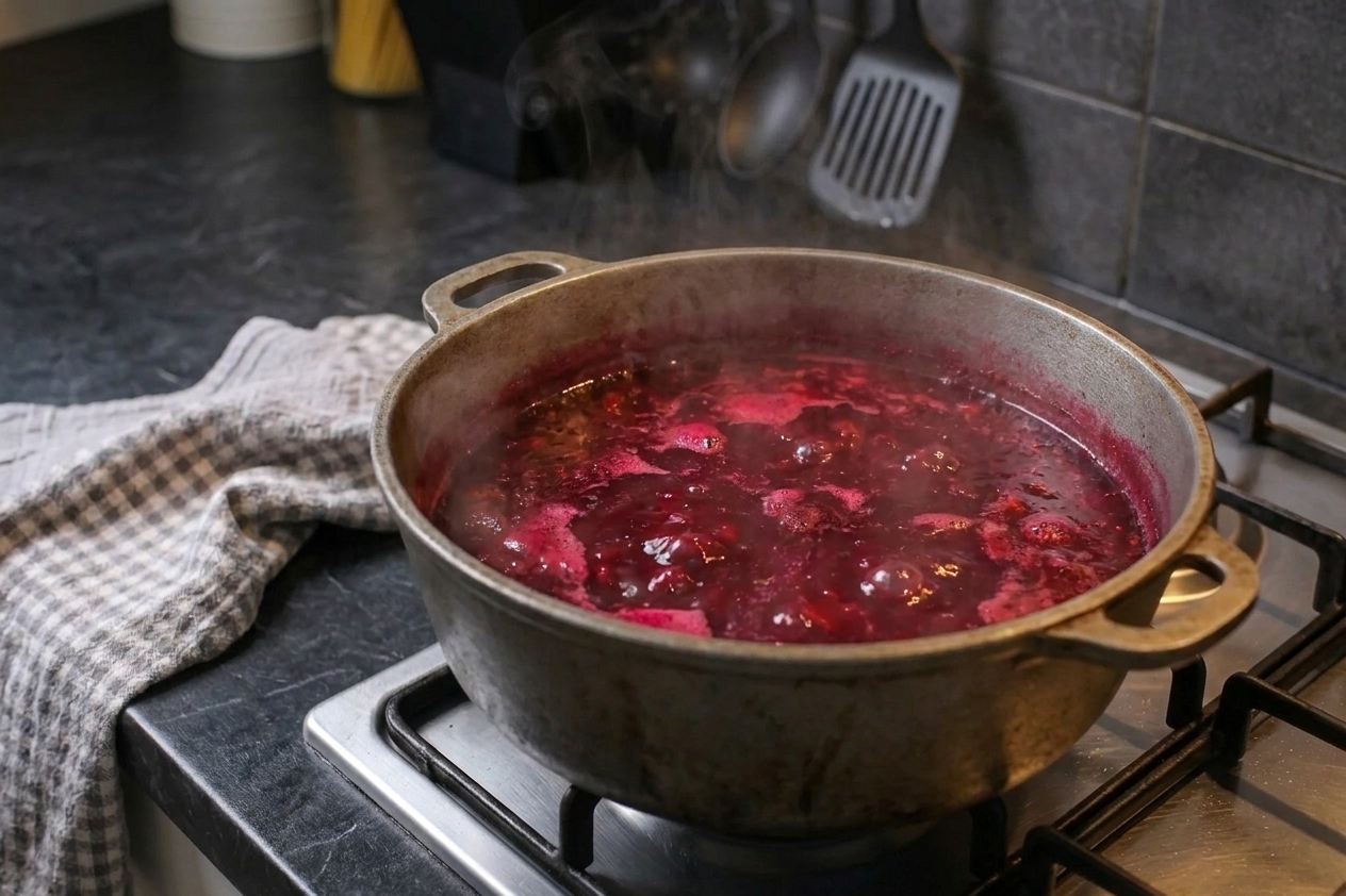 Deep magenta beet soup base simmering in a pot on the stove with light steam rising
