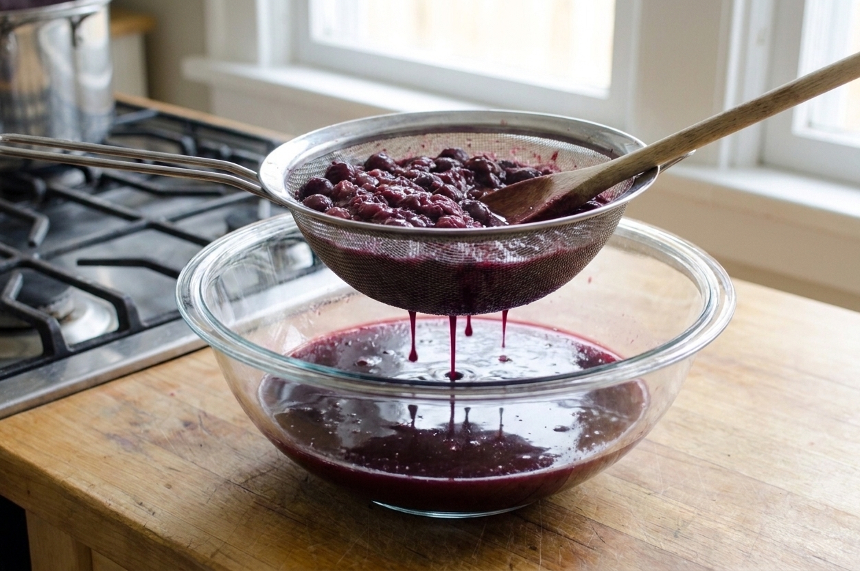 Deep purple muscadine juice dripping through a fine-mesh strainer into a large glass bowl on a kitchen counter