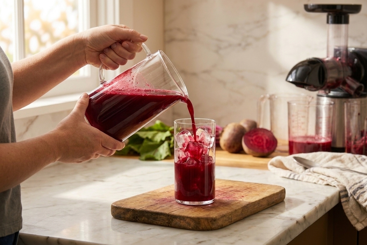Deep red beet juice being poured from a pitcher into a glass filled with ice on a bright kitchen counter