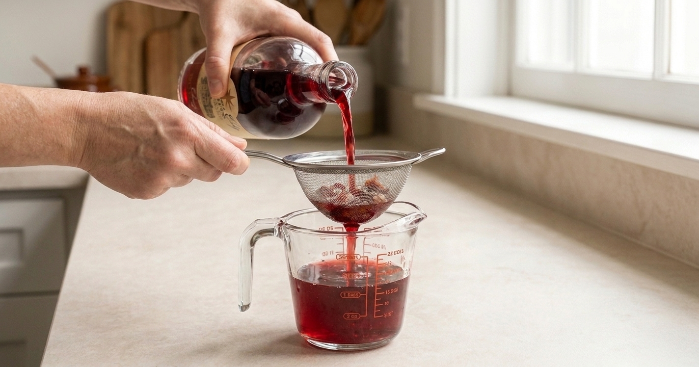 Deep red cherry liqueur being poured through a fine-mesh strainer into a glass measuring cup on a kitchen counter