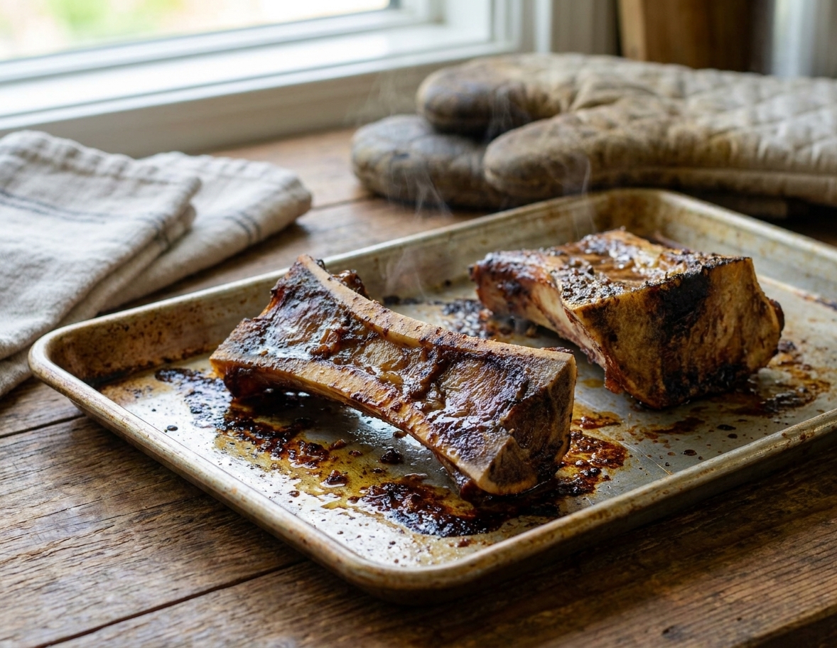 Deeply browned beef bones on a rimmed baking sheet just out of the oven with caramelized drippings