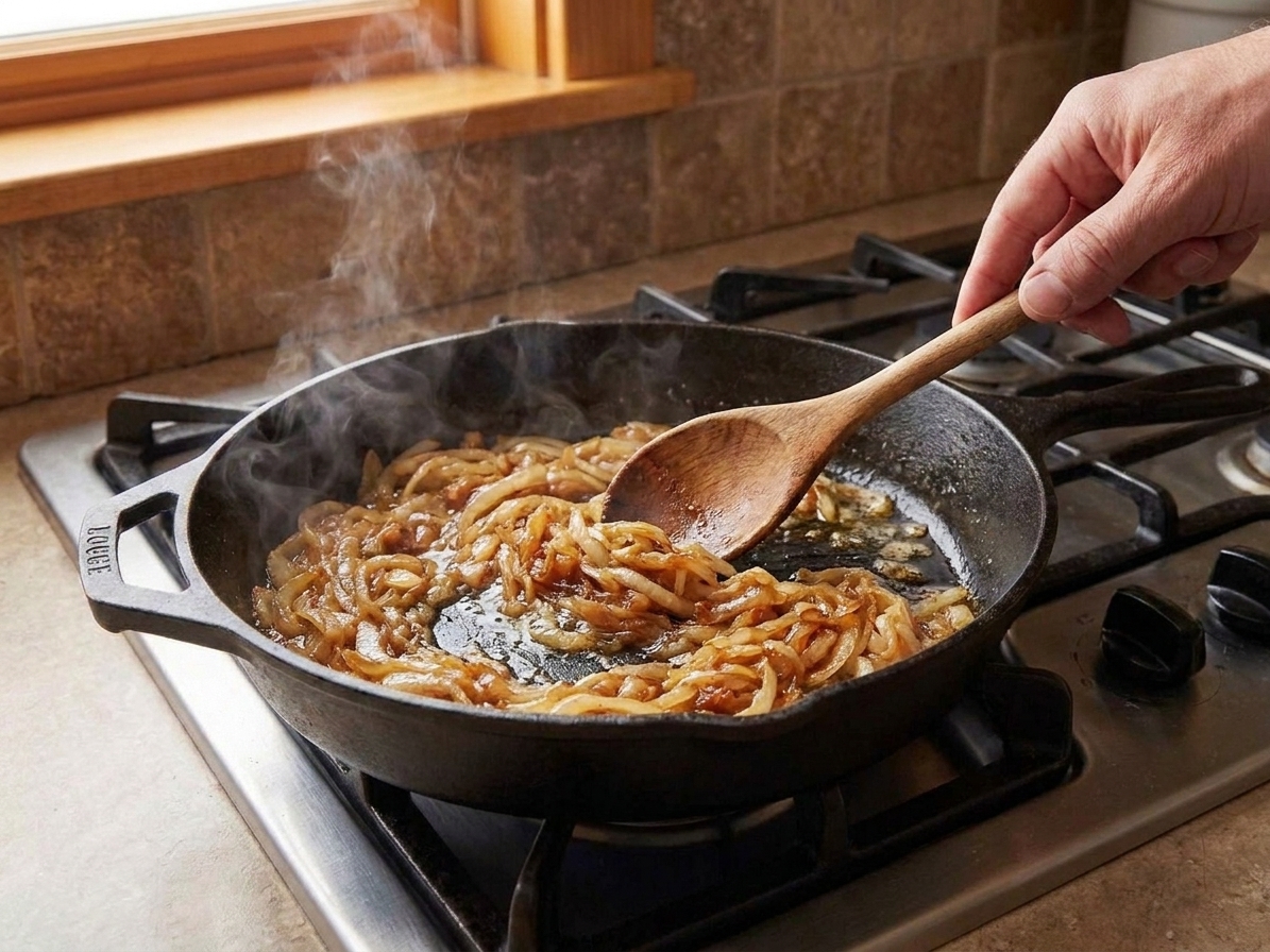 Deeply golden caramelized onions being stirred with a wooden spoon in a cast iron skillet on a stovetop