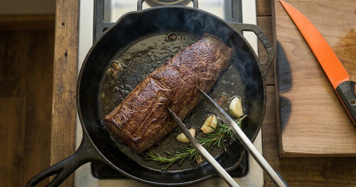 Deer backstrap searing in a cast iron skillet with a browned crust forming, viewed from above on a stovetop
