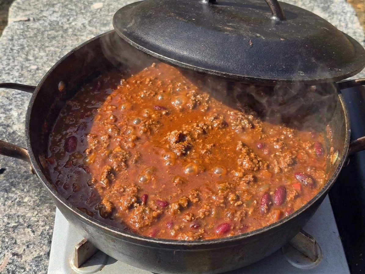Deer chili gently simmering in a Dutch oven with small bubbles on the surface and the lid resting slightly ajar