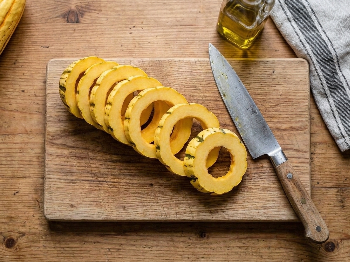 Delicata squash cut into rings with seeds removed on a wooden cutting board beside a chef's knife