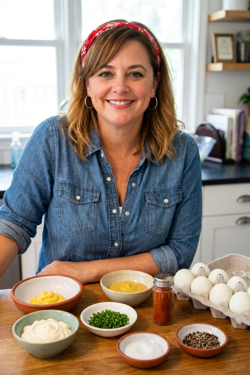 Deviled egg ingredients on a kitchen counter: eggs, mayonnaise, mustard, paprika, salt, pepper, and chives in small bowls