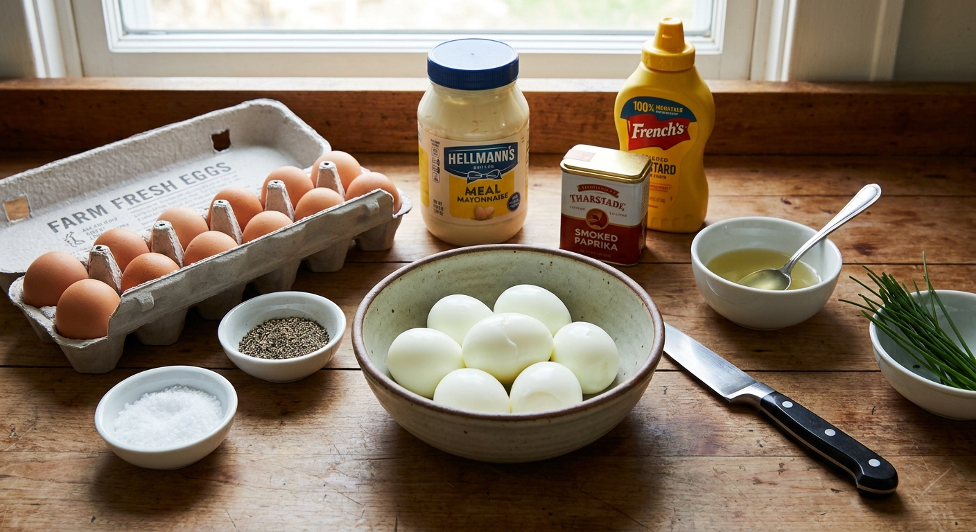 Deviled egg ingredients on a kitchen counter: eggs, mayonnaise, mustard, paprika, salt, pepper, and a small bowl of pickle juice