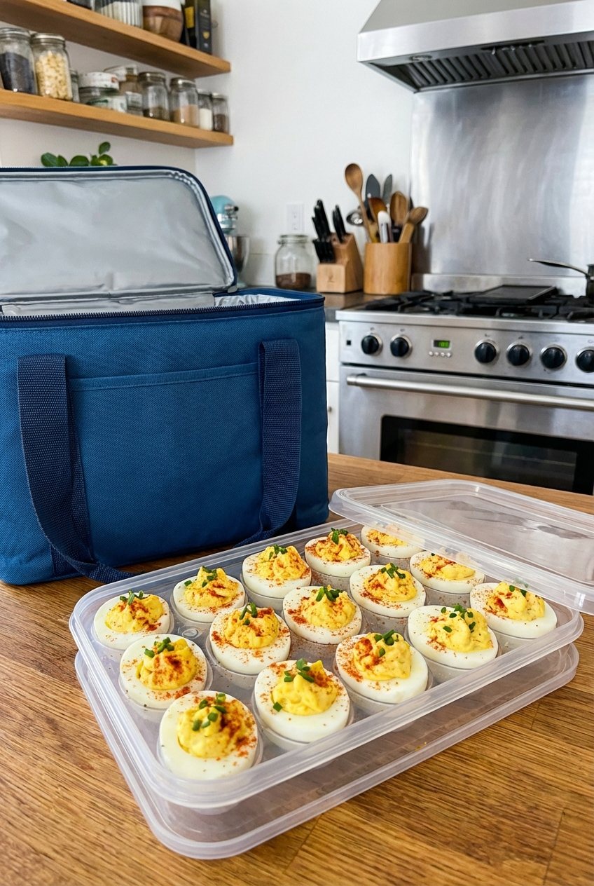 Deviled eggs arranged neatly in a lidded container ready to be packed into a cooler