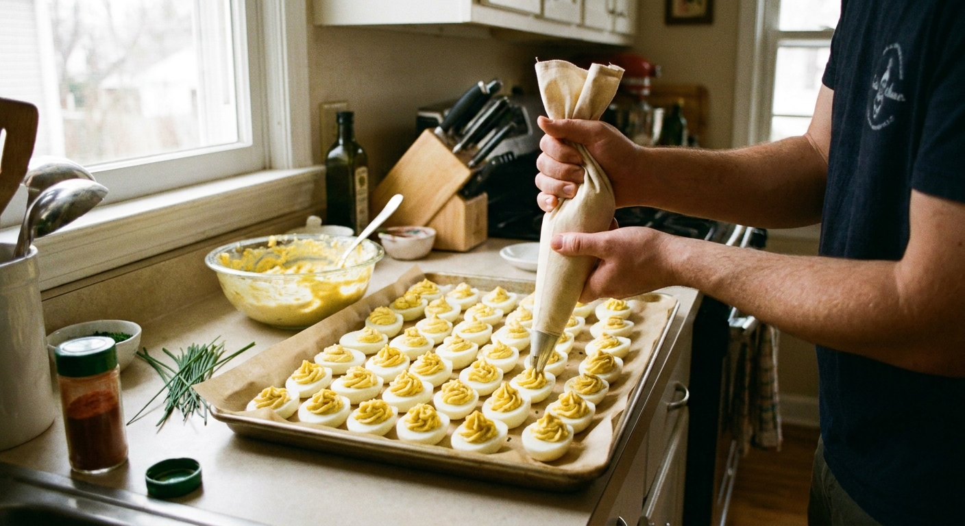 Deviled eggs being filled with a piping bag on a parchment lined tray in a home kitchen