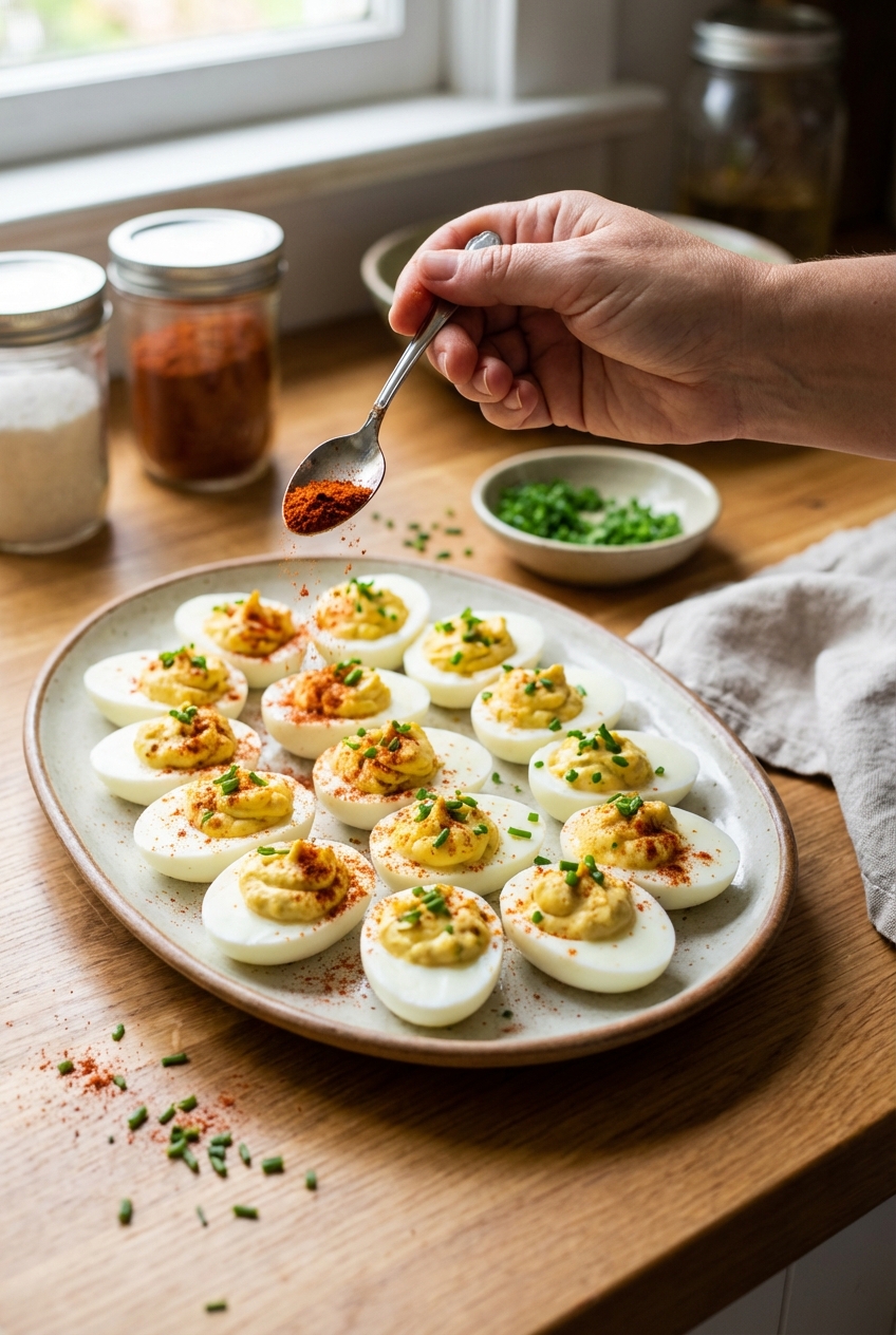 Deviled eggs being topped with paprika and chopped chives on a serving platter