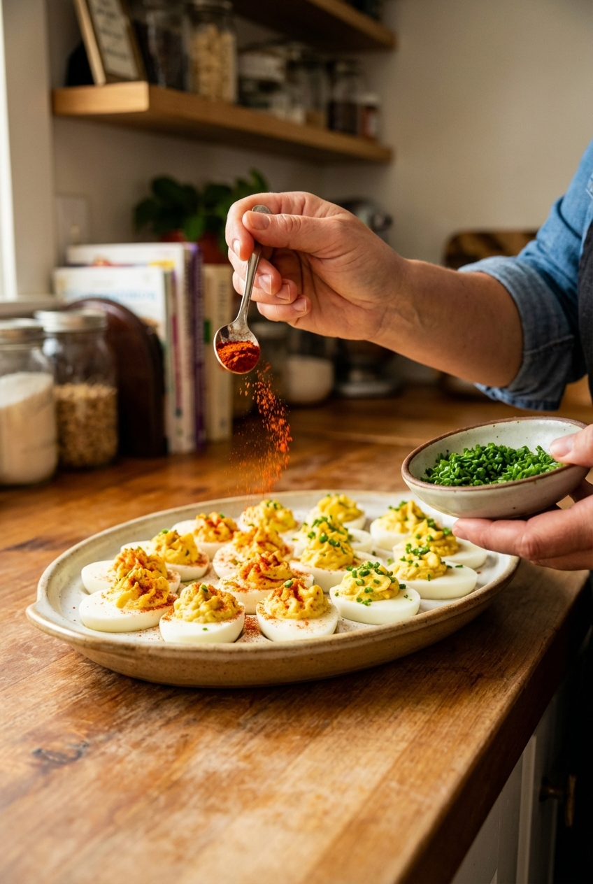 Deviled eggs being topped with paprika and chopped chives on a serving platter