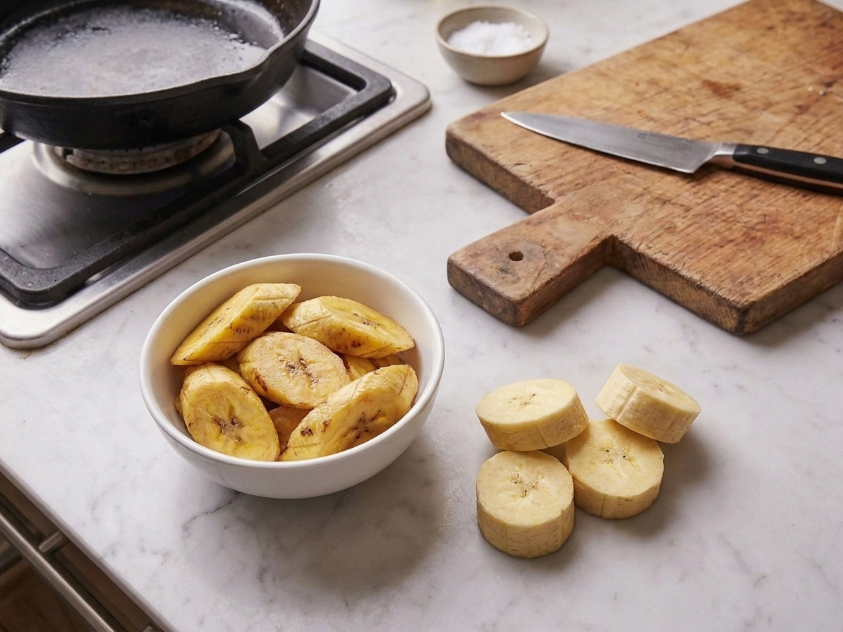 Diagonal slices of ripe plantain in a small bowl next to thick coins of green plantain on a kitchen counter, ready for frying