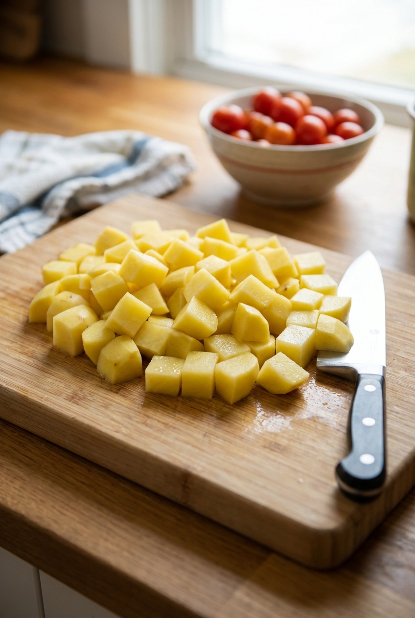 Diced Yukon Gold potatoes on a cutting board next to a knife