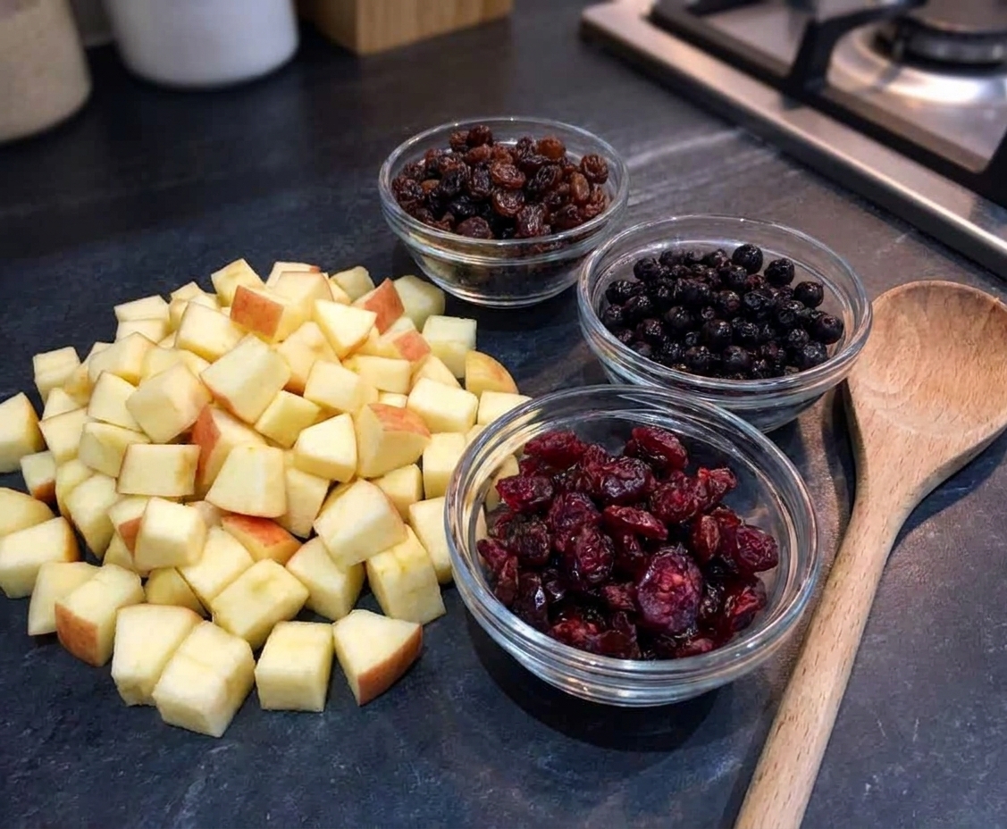 Diced apples and bowls of raisins, currants, and dried cranberries on a kitchen counter, ready to be cooked into mincemeat