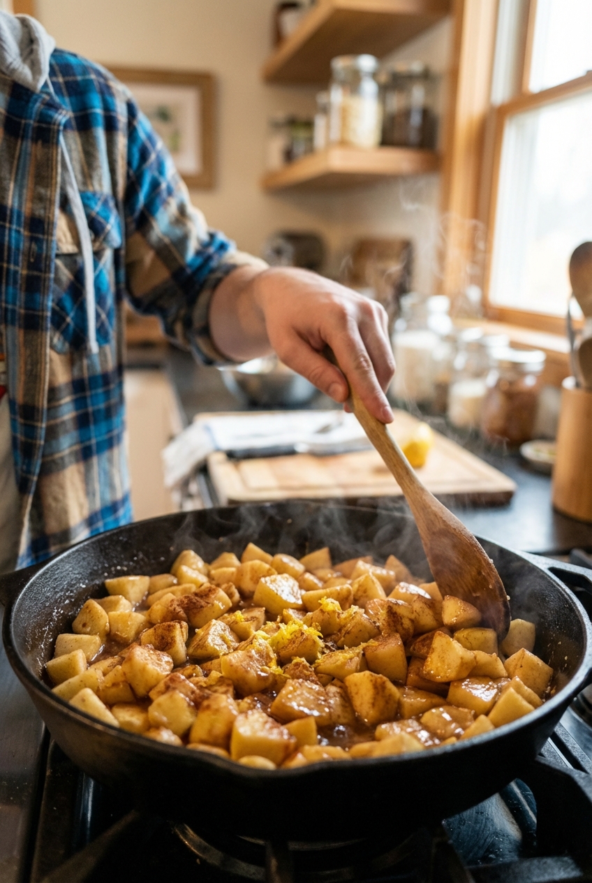 Diced apples cooking in a skillet with cinnamon and lemon zest, with a wooden spoon stirring