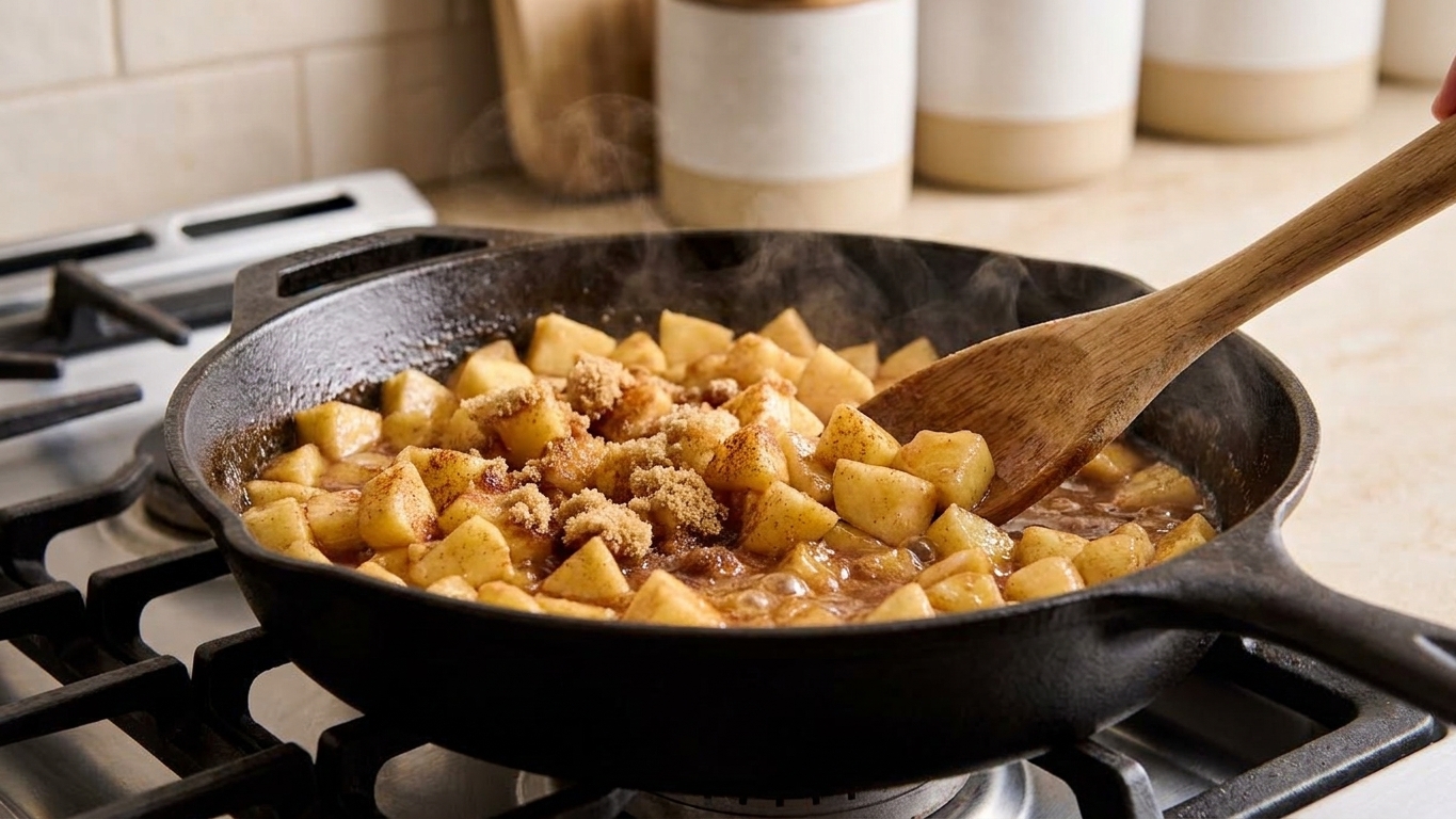 Diced apples cooking in a skillet with cinnamon and brown sugar, with a wooden spoon stirring on a stovetop