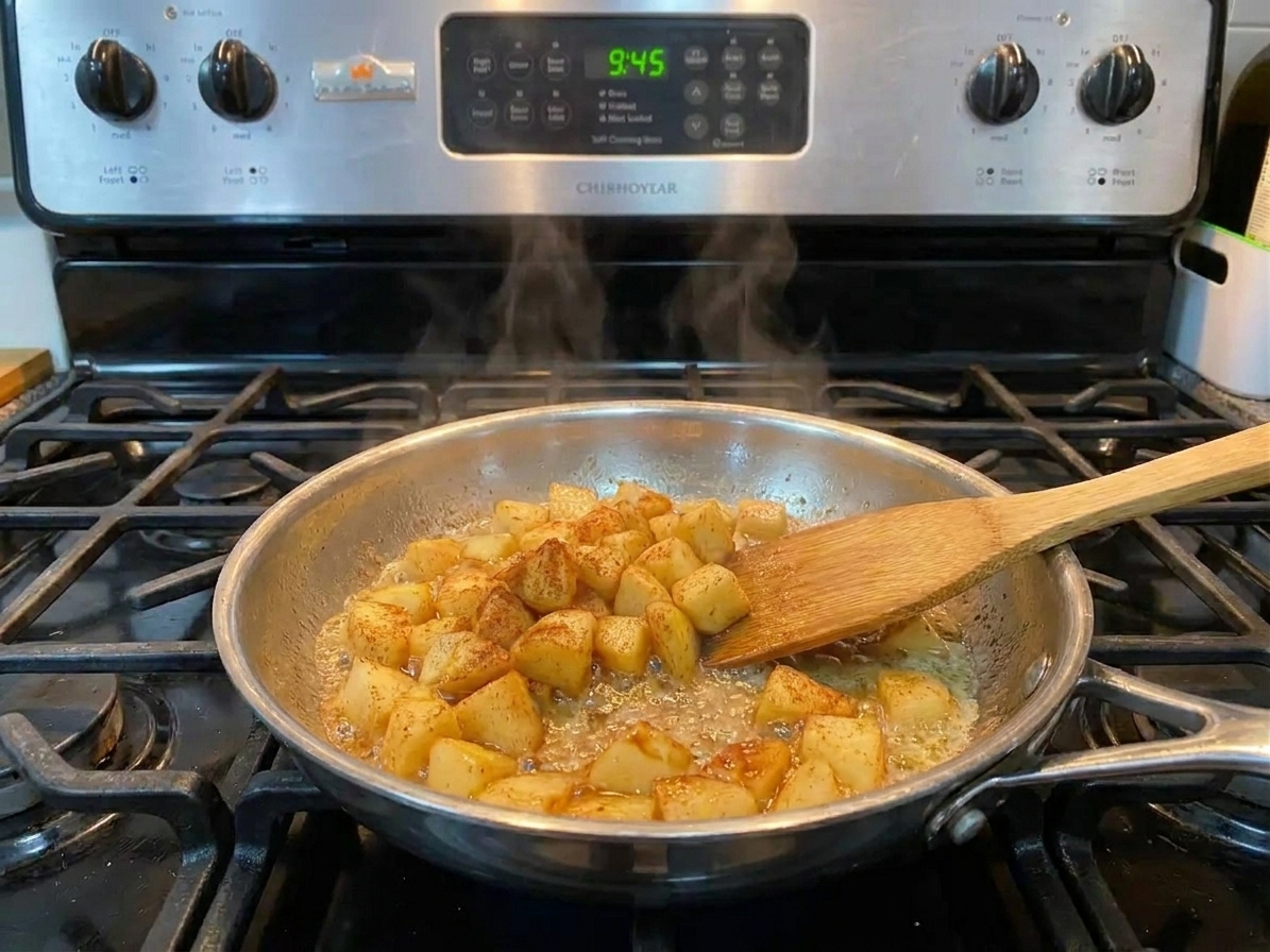 Diced apples sautéing in a small skillet with cinnamon and butter on a stovetop
