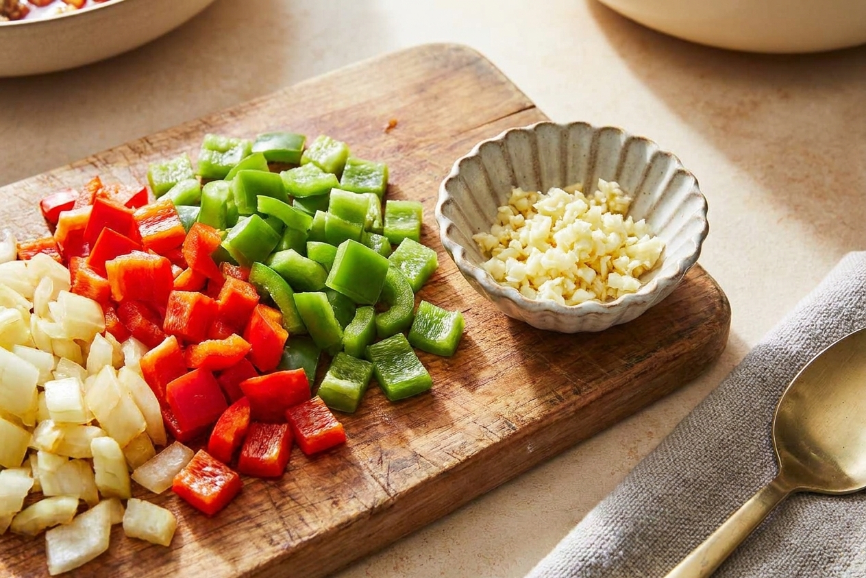Diced bell peppers and onion on a wooden cutting board beside minced garlic in a small bowl on a kitchen counter