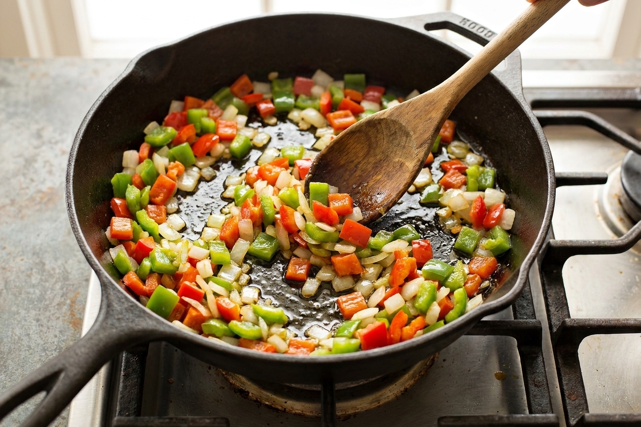 Diced bell peppers and onion sautéing in a large skillet on a stovetop with a wooden spoon