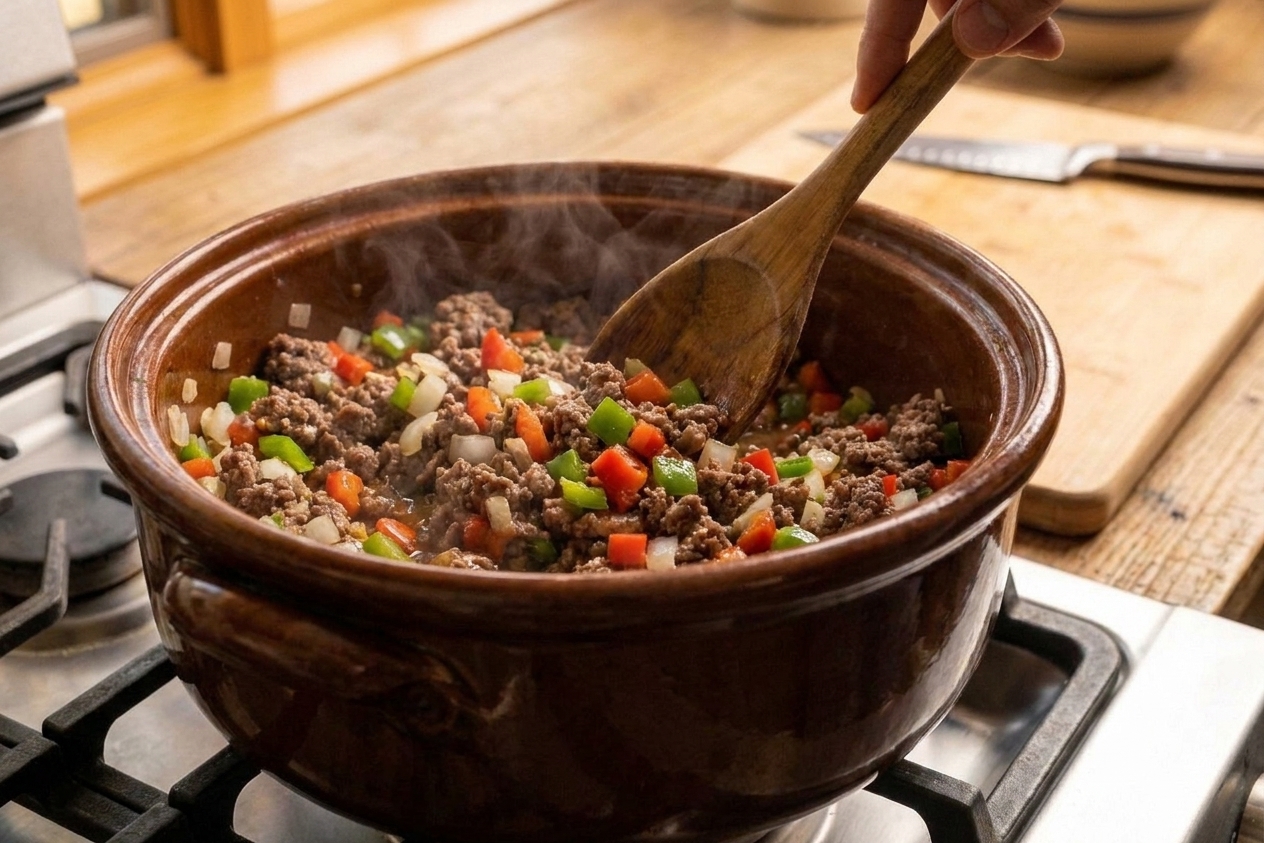 Diced bell peppers and onions sautéing in a Dutch oven with browned beef