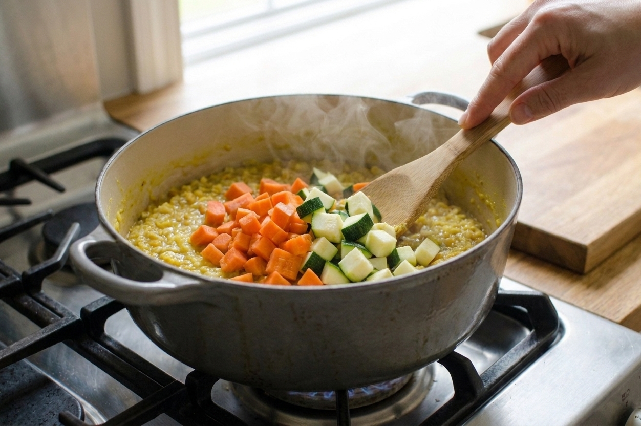 Diced carrots and zucchini being stirred into a pot of golden kitchari on a stovetop
