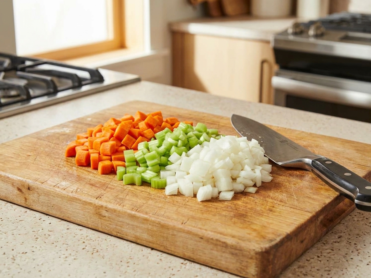 Diced carrots, celery, and onion on a cutting board with a chef’s knife in a bright home kitchen