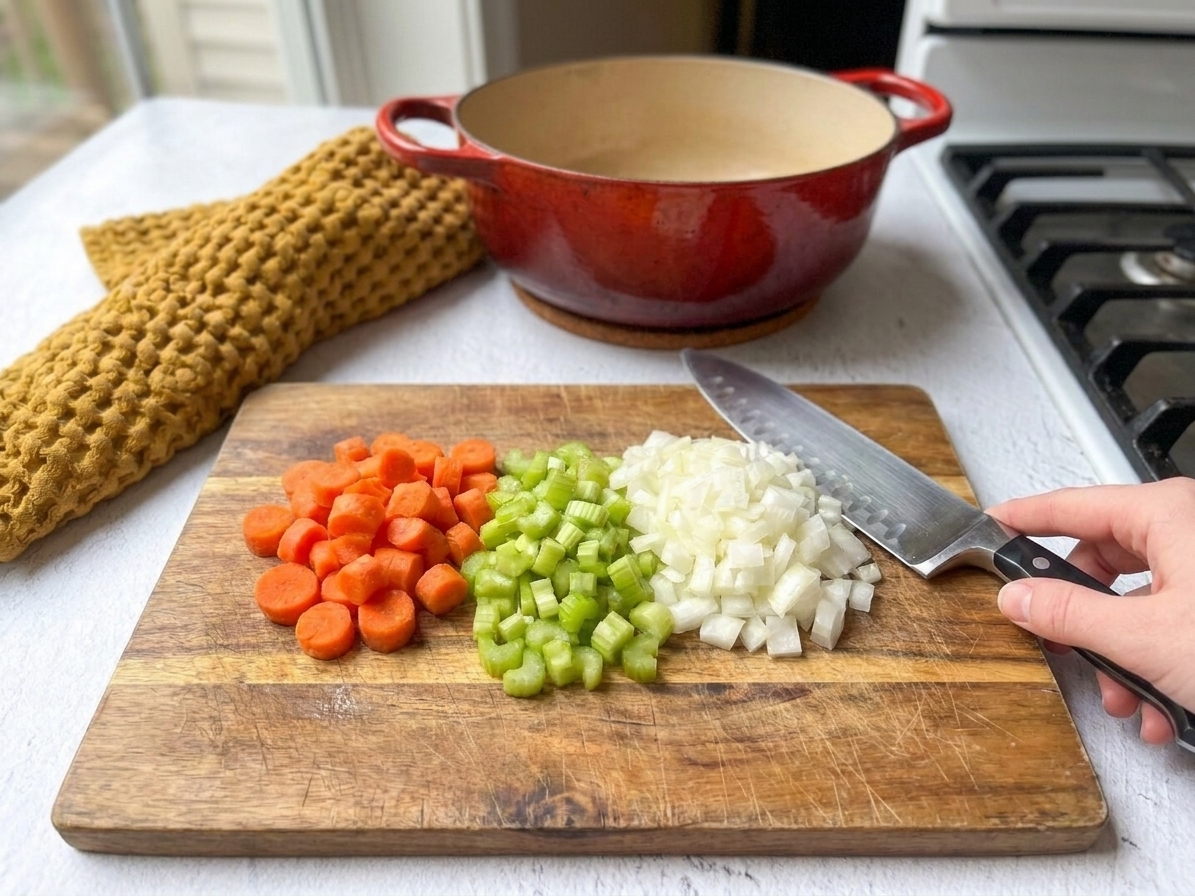 Diced carrots, celery, and onion on a wooden cutting board with a chef’s knife beside them on a kitchen counter