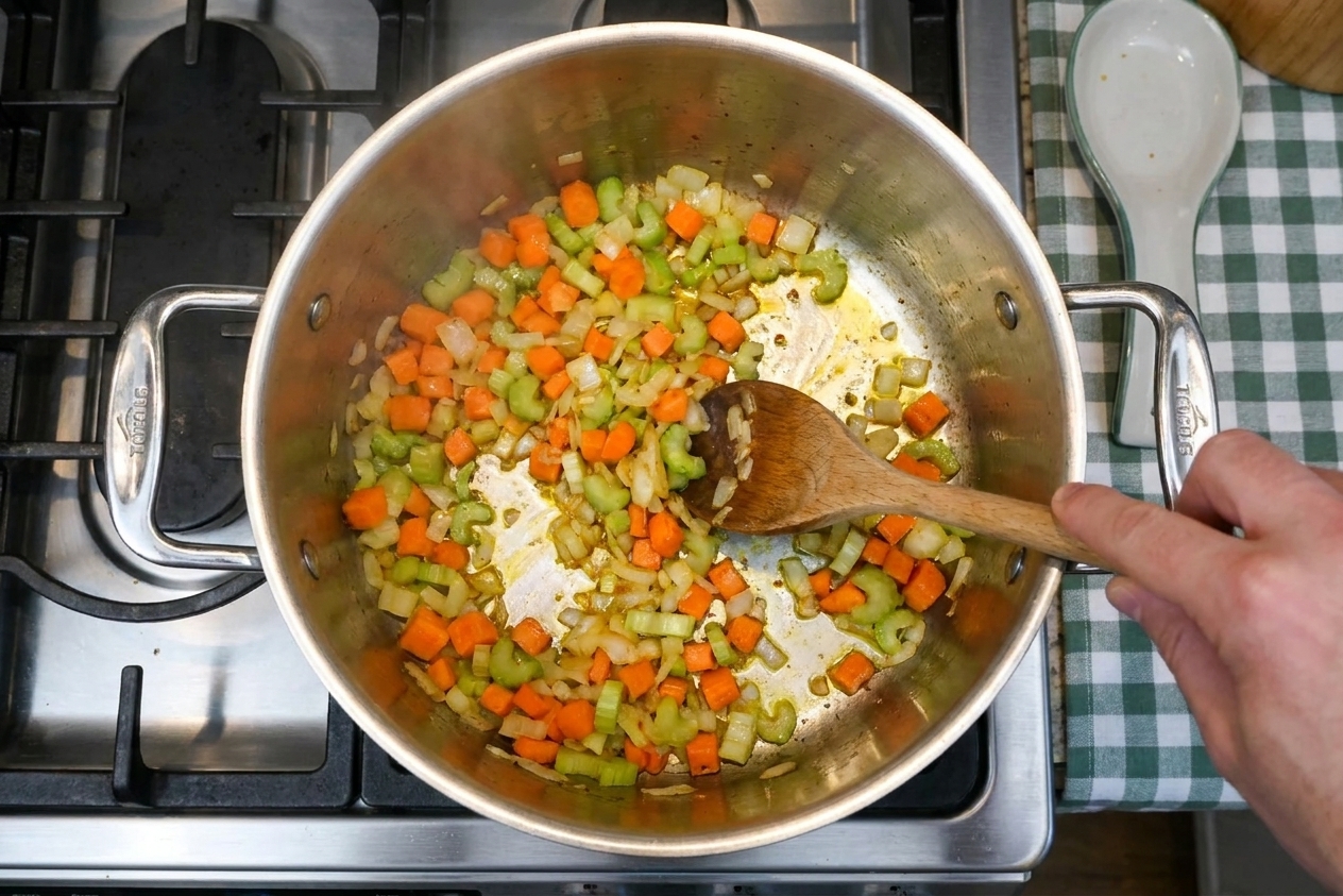 Diced carrots, celery, and onion sautéing in a large pot on a stovetop with a wooden spoon stirring