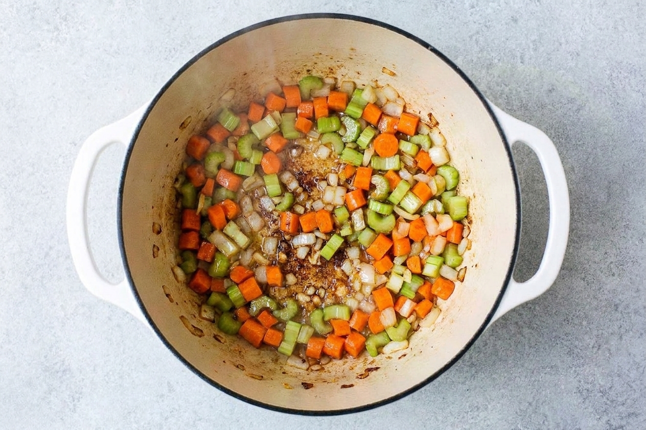 Diced carrots, celery, and onion sautéing in a pot with visible browned bits on the bottom