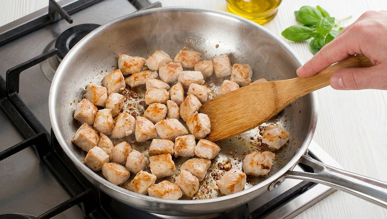 Diced chicken pieces browning in a large skillet on a stovetop, edges turning golden and crisp