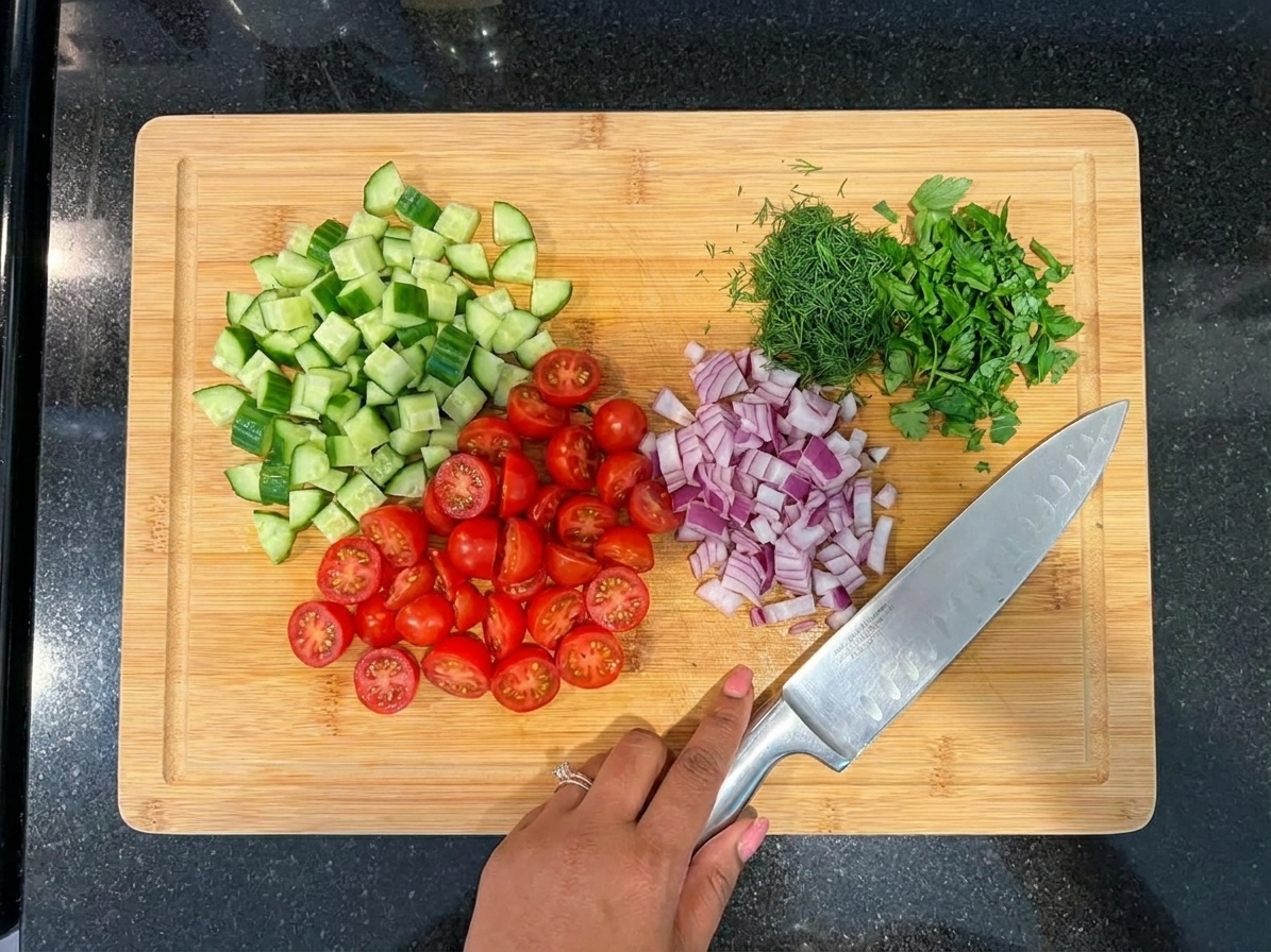 Diced cucumber, halved cherry tomatoes, chopped red onion, and herbs on a cutting board with a chef’s knife