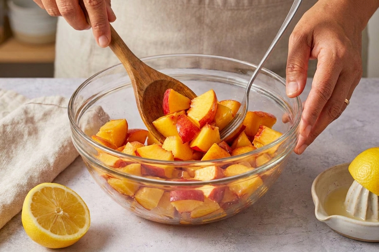 Diced fresh peaches in a glass bowl being tossed with lemon juice on a kitchen counter, close-up