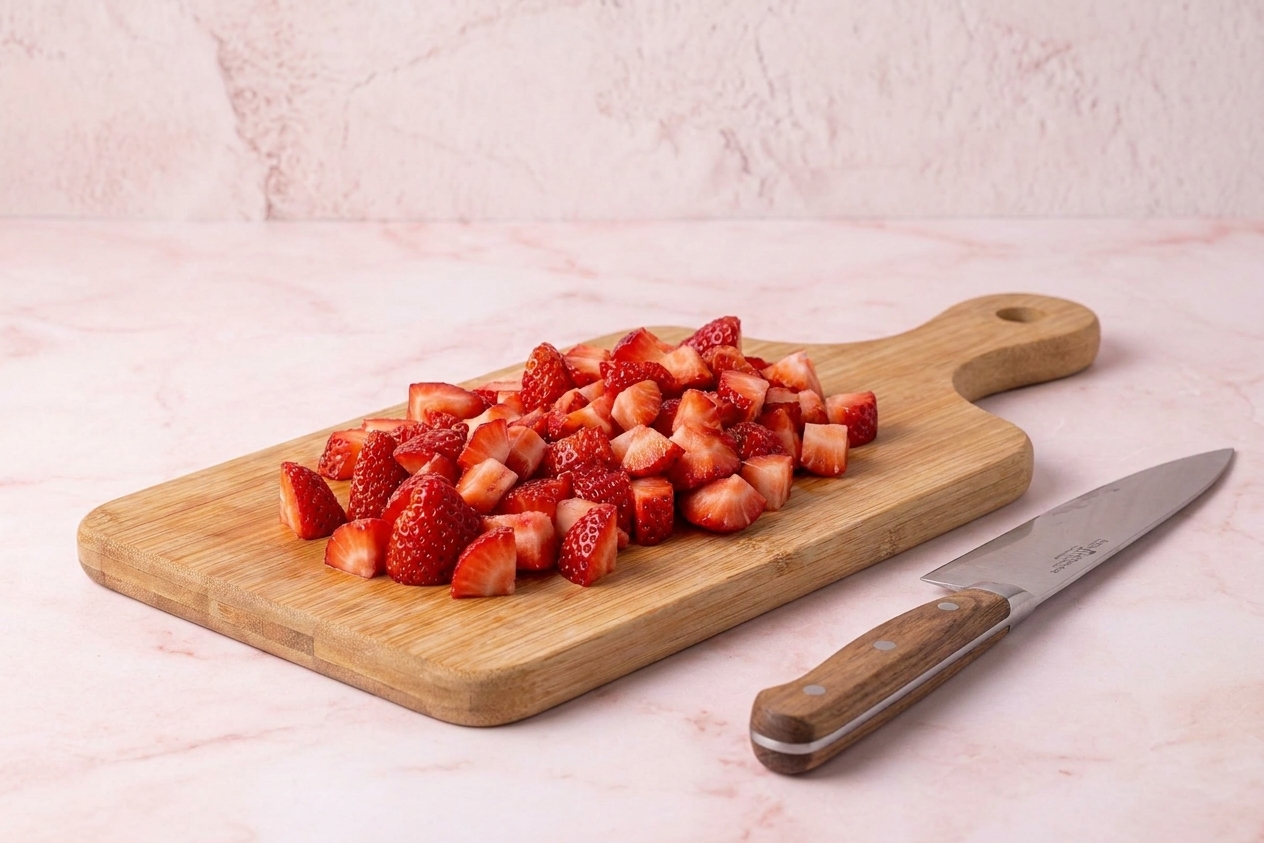 Diced fresh strawberries on a wooden cutting board next to a chef's knife on a clean kitchen counter