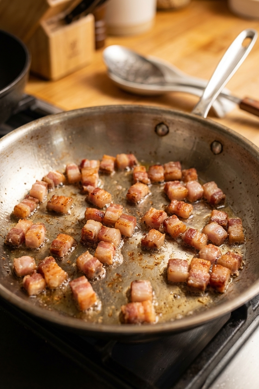 Diced guanciale slowly rendering in a stainless steel skillet, with translucent fat pooling and edges turning golden brown