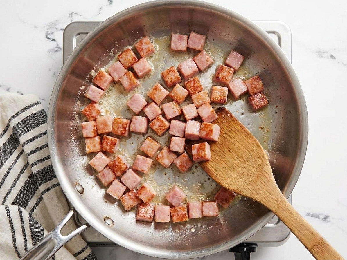 Diced ham browning in a buttered skillet on a stovetop with golden crisp edges forming