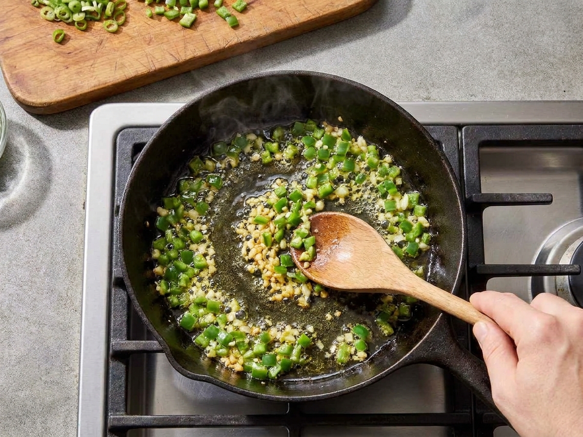 Diced jalapeños and minced garlic sizzling in a small skillet with a light sheen of oil on a stovetop