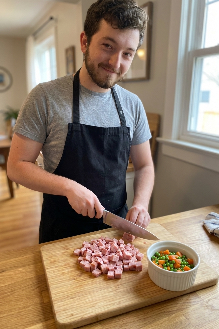Diced leftover ham on a cutting board with a chef's knife and a small bowl of peas and carrots nearby in a home kitchen