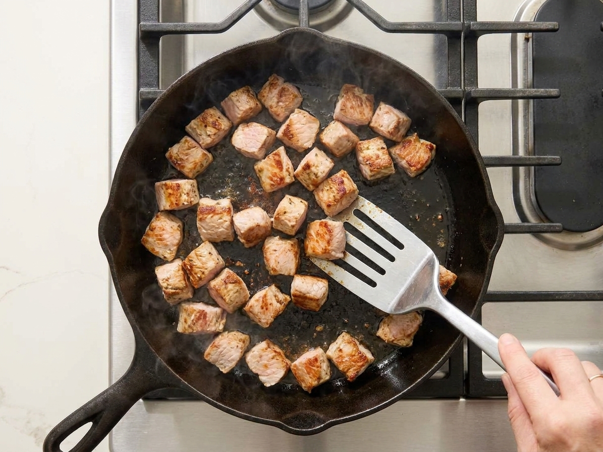 Diced leftover pork tenderloin searing in a hot skillet with golden edges forming on a home kitchen stove