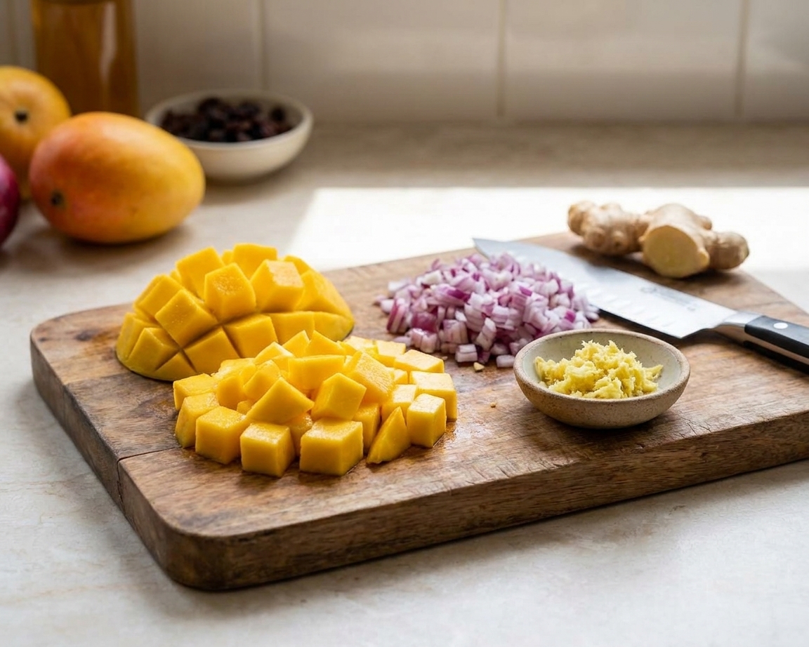 Diced mango and finely chopped red onion on a cutting board with grated fresh ginger nearby in a home kitchen