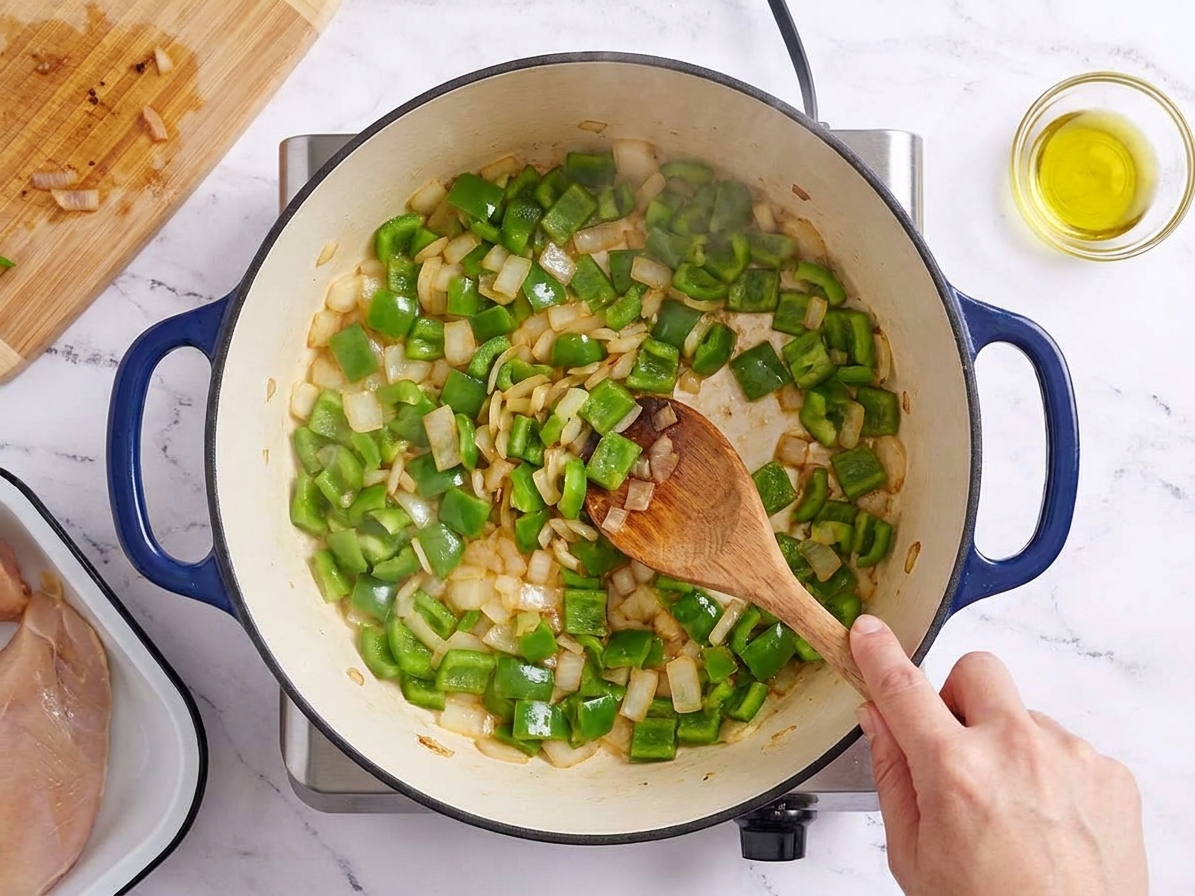 Diced onion and bell pepper sautéing in a large pot with a wooden spoon