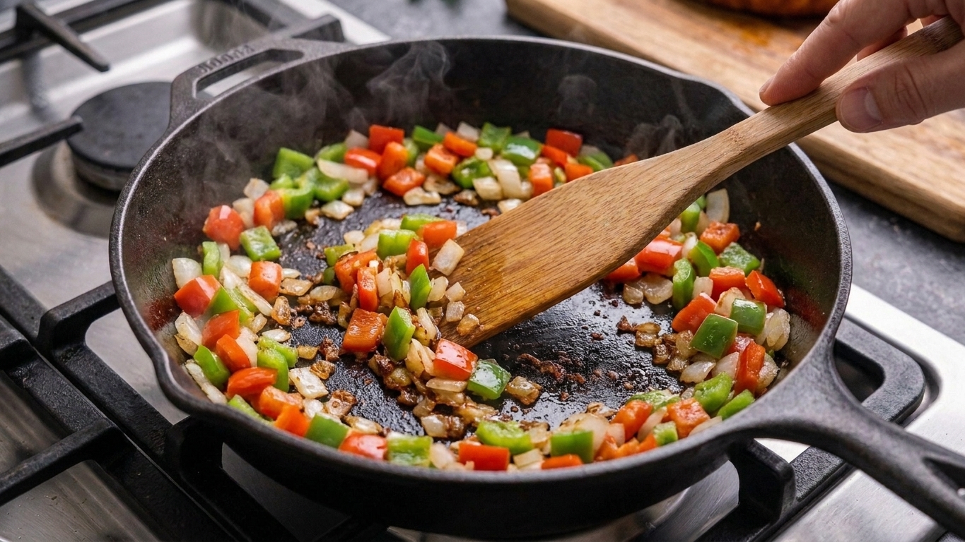 Diced onion and bell pepper sautéing in a skillet with browned bits on the bottom while being stirred
