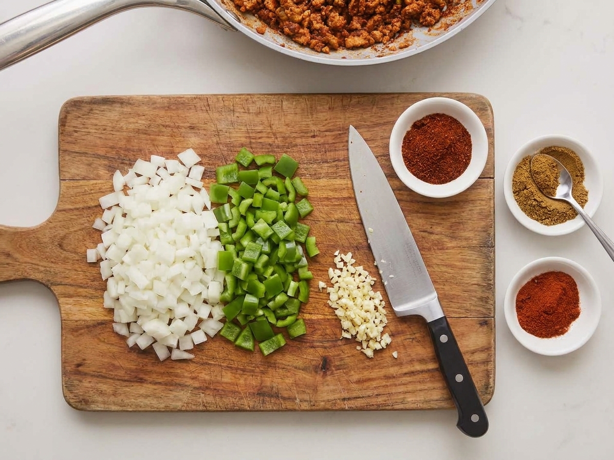 Diced onion and bell pepper with minced garlic on a cutting board beside small bowls of chili spices
